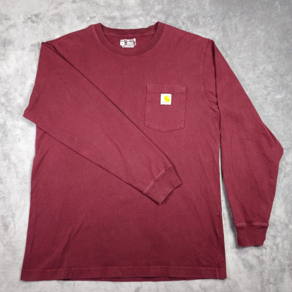Carhartt T-Shirt Mens M Burgundy K126 Loose Fit Long Sleeve Pocket Workwear